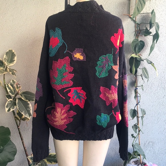 VINTAGE | Black Fall Leaves Hand Knit Grannycore Sweater Cardigan - Picture 2 of 13